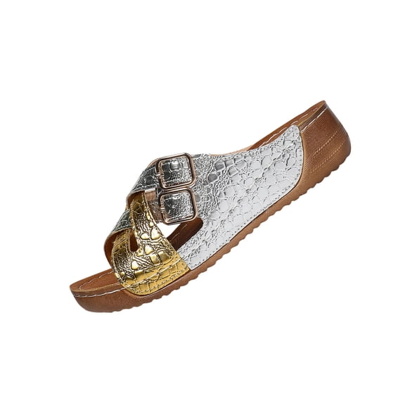 ShiShine Womens Slide Sandals Criss Cross Strap Dual Buckle Accent Embossed Metallic Upper Open Toe Sandals