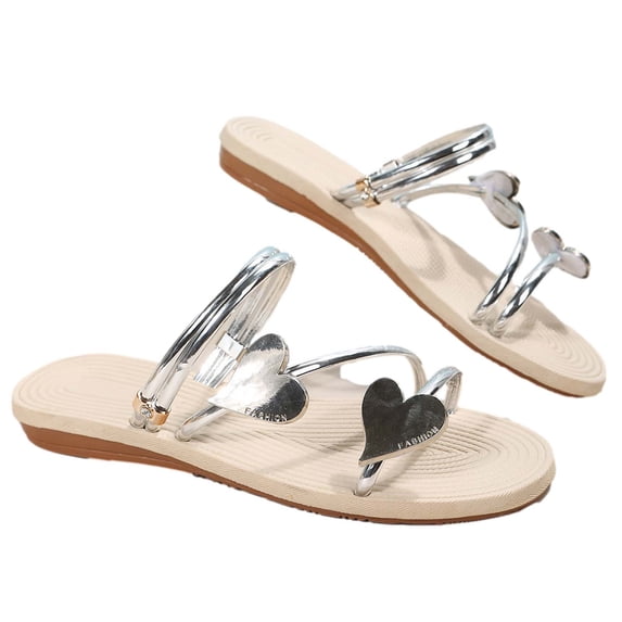 ShiShine Womens Slide Sandals Flat Heel Heart Accent Multi Strap Design Footbed for Poolside Outdoor Travel Daily Wear