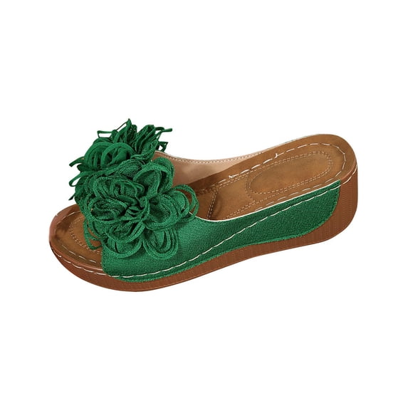 ShiShine Womens Slip On Slide Sandals with Floral Decor Open Toe Low Wedge Summer Shoes for Beach and Daily Wear