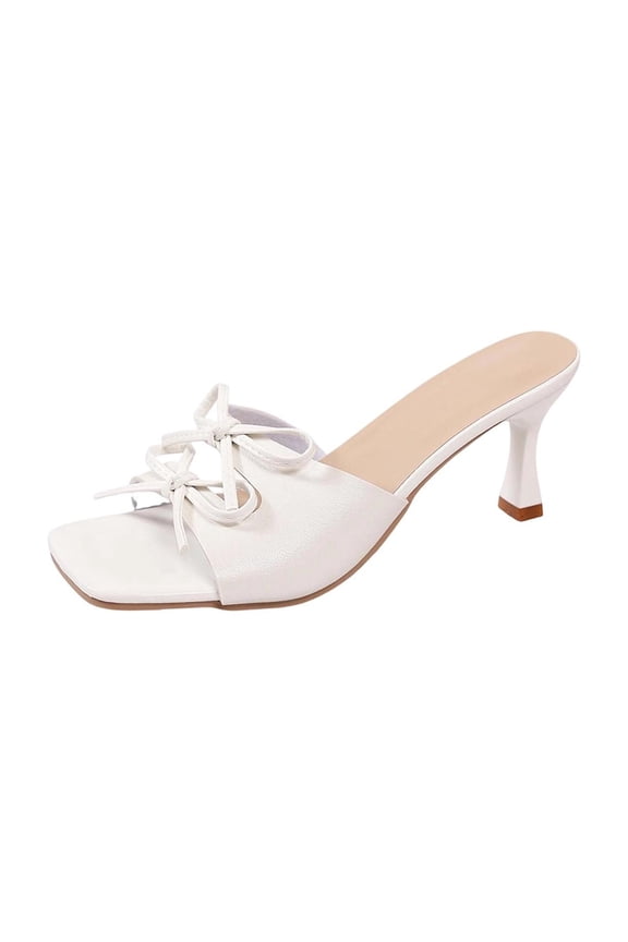Womens Square Toe Bow Knot Heeled Mules Open Toe Slip On Kitten Heel Sandals