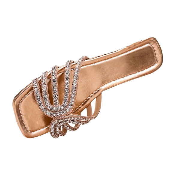 ShiShine Womens Square Toe Slide Sandals Comfortable Flat Slip On Rhinestone Embellished Casual Summer Dressy Shoes