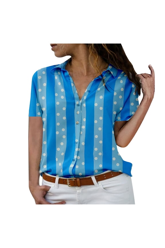 Womens Striped Polka Dot Short Sleeve Button Down Collared Blouse Loose Casual Tunic Tops