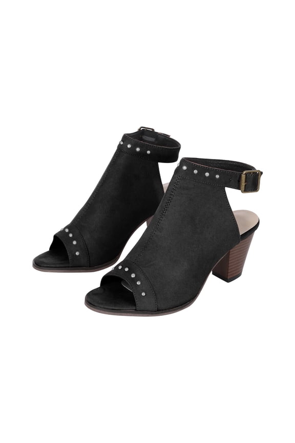 Womens Studded Peep Toe Booties Chunky Heel Ankle Strap Edgy Versatile Date Night Sandals