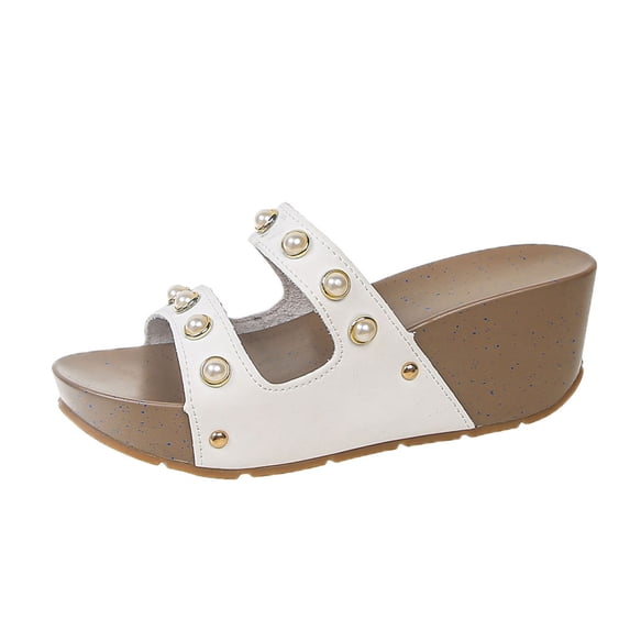 ShiShine Womens Summer Comfort Pearl Embellished Wedge Sandals Dual Strap Casual Vacation Everyday Sandals