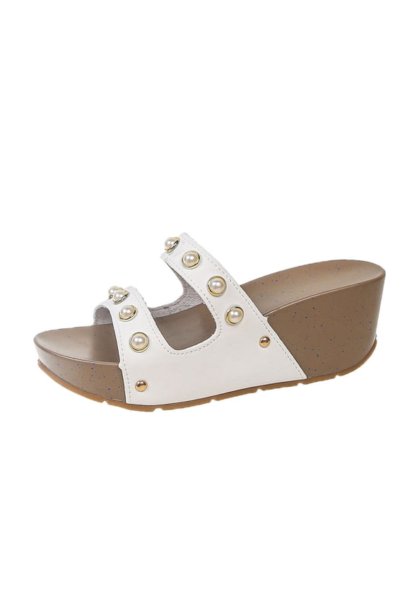 Womens Summer Comfort Pearl Embellished Wedge Sandals Dual Strap Casual Vacation Everyday Sandals