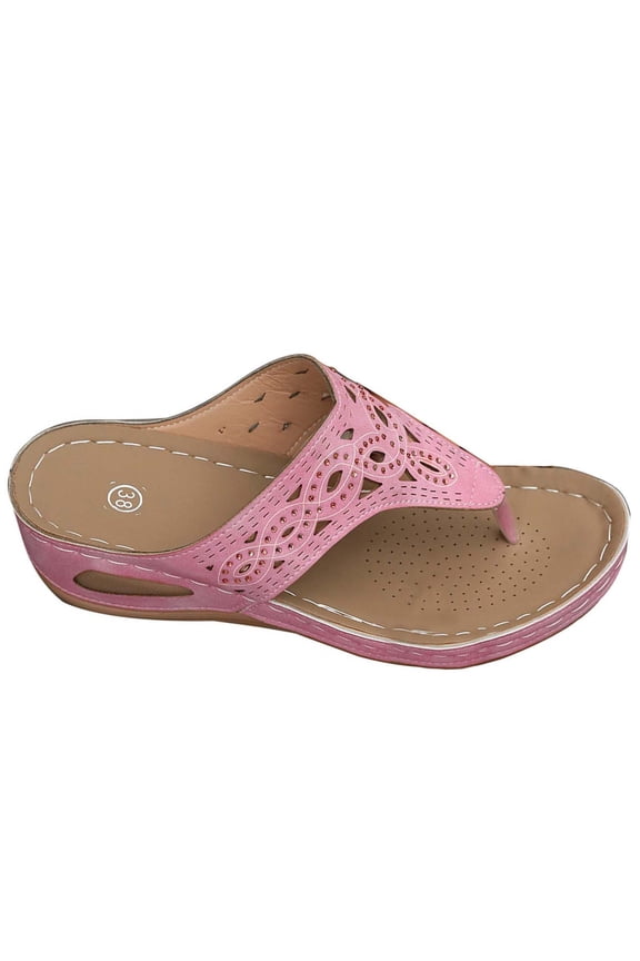 Womens Summer Comfort Studded Cutout Thong Wedge Sandals Perforated Lightweight Casual Shoes