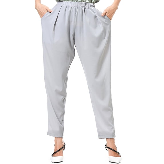 ShiShine Womens Summer Elastic Waist Comfy Stretch Pull On Pants Straight Leg Solid Color Trousers with Pockets