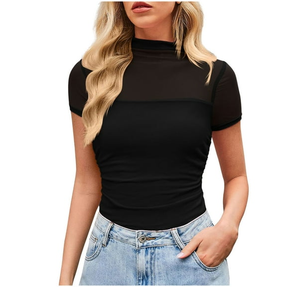 ShiShine Womens Summer Mock Turtle Neck Short Sleeve Tops Sheer Mesh Shirts Slim Blouse Trendy Ruched Going Out Outfits