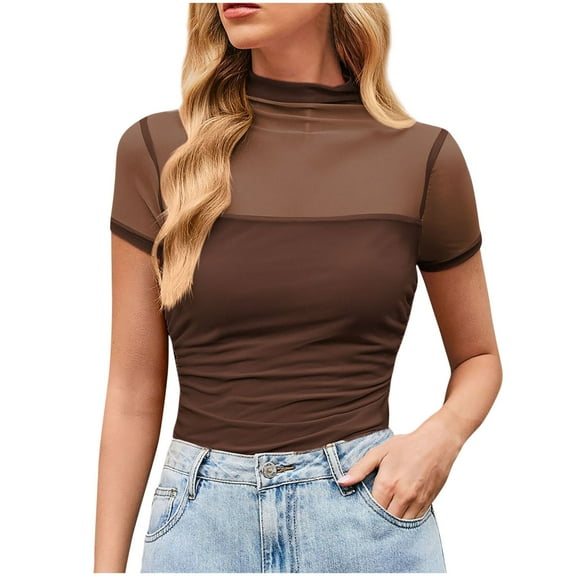ShiShine Womens Summer Mock Turtle Neck Short Sleeve Tops Sheer Mesh Shirts Slim Blouse Trendy Ruched Going Out Outfits