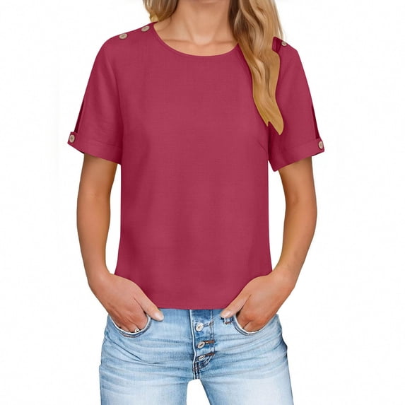 ShiShine Womens Summer Short Sleeve T-Shirts Casual Loose Fit Tunic Tops Crew Neck Button Tee Shirts
