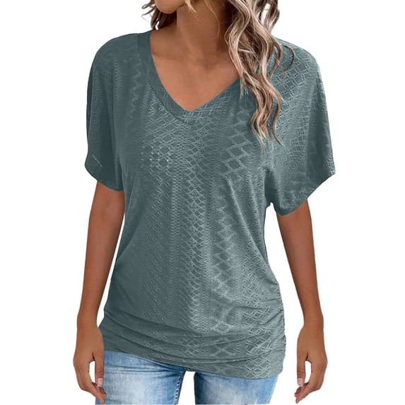ShiShine Womens T Shirts V Neck Short Sleeve Casual Tops Loose Fit Basic Tees with Pleated Hem