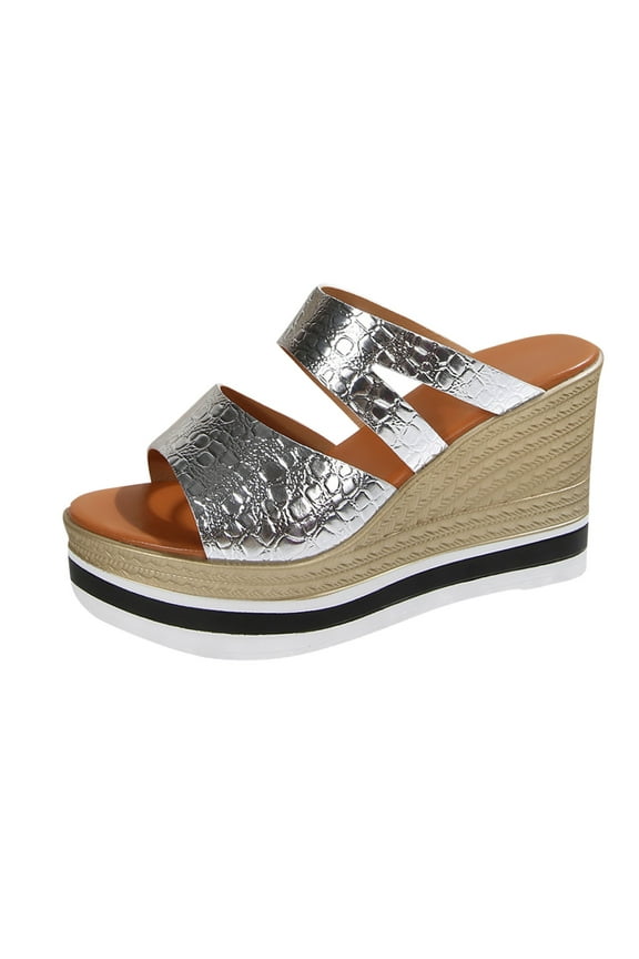 Womens Texture Dual Strap Open Toe Espadrille Wedge Slide Sandals Summer Platform Casual Shoes