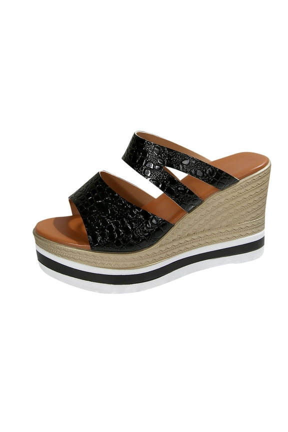 Womens Texture Dual Strap Open Toe Espadrille Wedge Slide Sandals Summer Platform Casual Shoes