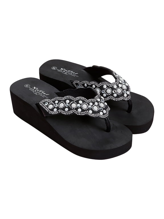 Womens Thong Wedge Flip Flops with Pearl Rhinestone Summer Fashion Shoes for Beach Pool Party and Casual Outings