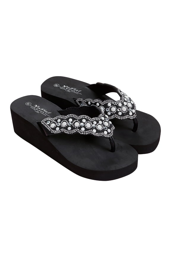 Womens Thong Wedge Flip Flops with Pearl Rhinestone Summer Fashion Shoes for Beach Pool Party and Casual Outings