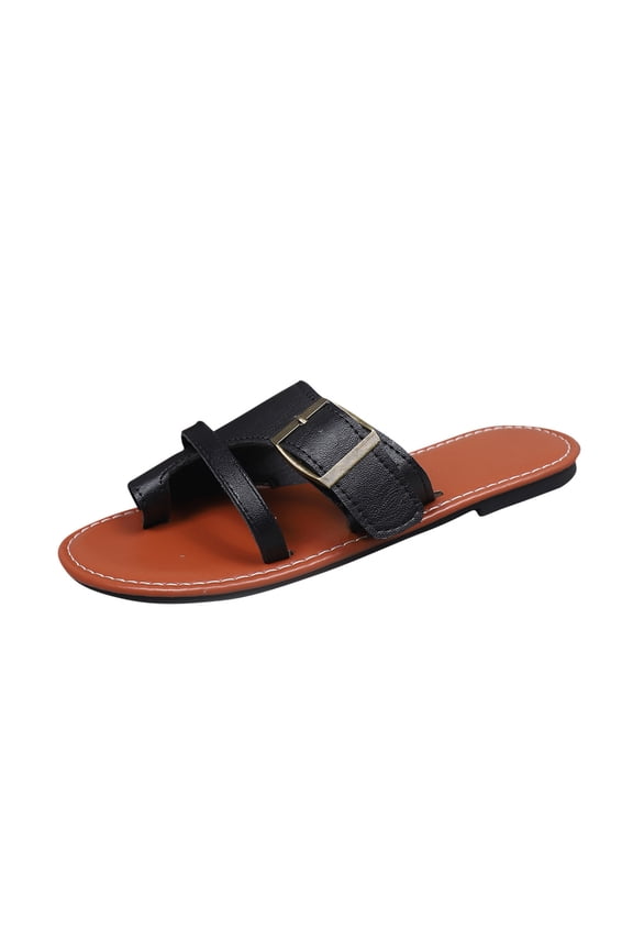 Womens Toe Loop Dual Strap Slide Sandals Buckle Detail Lightweight Summer Comfort Casual Shoes