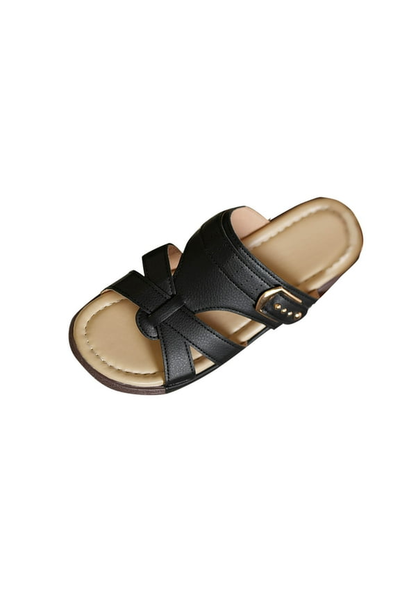 Womens Toe Post Buckle Strap Perforated Wedge Slide Sandals Summer Comfort Casual Daily Shoes