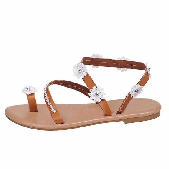 ShiShine Womens Toe Post Flat Sandals Floral Lace Beaded Strappy Slip On Casual Summer Fashion Lightweight Walking Sandals