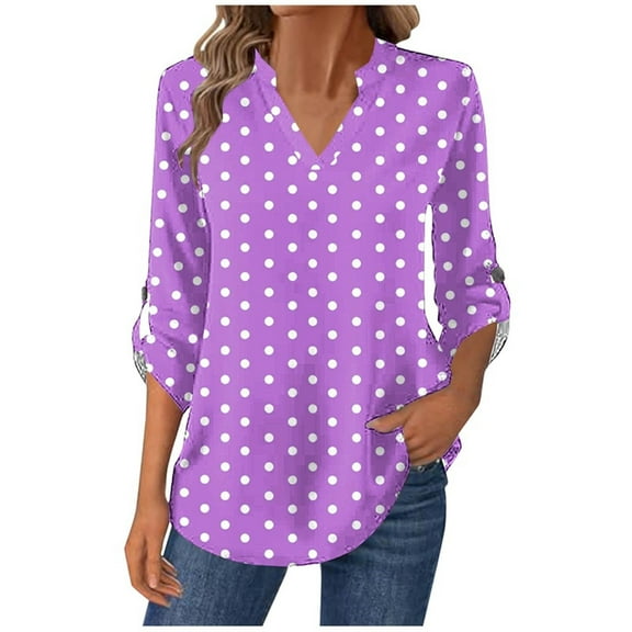 ShiShine Womens Tops 3/4 Sleeve Classy Polka Dot Color Block Shirts V Neck Versatile Blouses