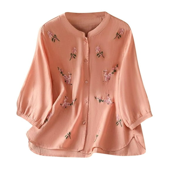 ShiShine Womens Trendy Embroidery Tops 3/4 Long Sleeve Button T Shirts Dressy Casual Blouses Loose Tunics