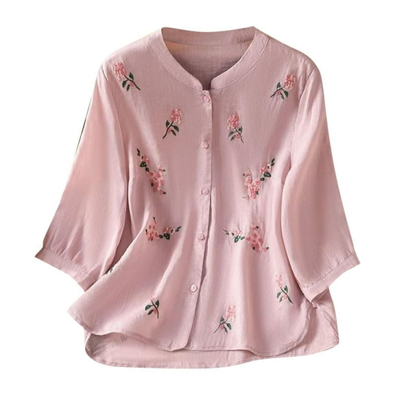ShiShine Womens Trendy Embroidery Tops 3/4 Long Sleeve Button T Shirts Dressy Casual Blouses Loose Tunics