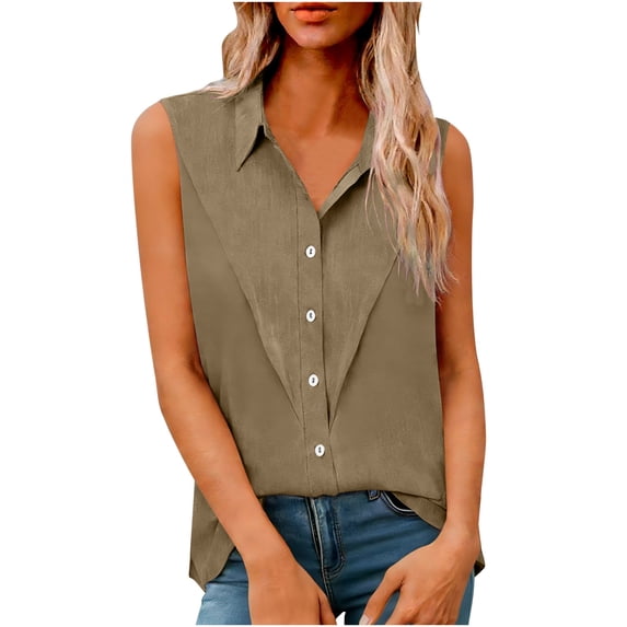 ShiShine Womens V Neck Sleeveless Shirts Collared Button Down Shirt Solid Color Summer Casual Tops S-5XL
