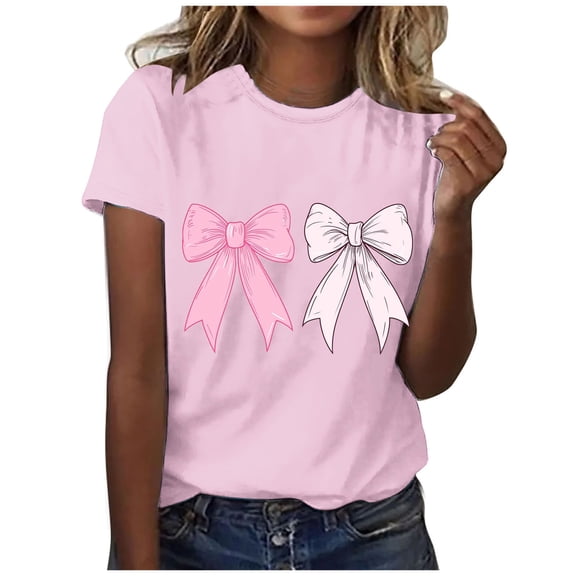 ShiShine Womens Valentines Day T Shirts Cute Bow Graphic Tees Short Sleeve Shirt Crew Neck Basic Tops