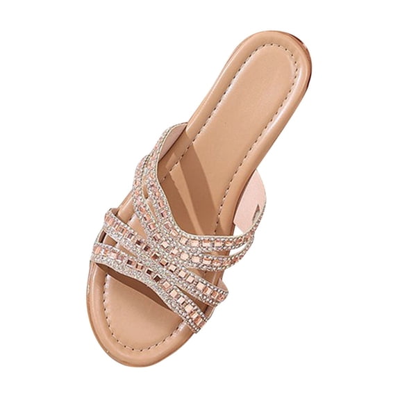 ShiShine Womens Wedge Slide Sandals Rhinestone Embellished Multi Strap Open Toe Slip On Casual Summer Walking Shoes