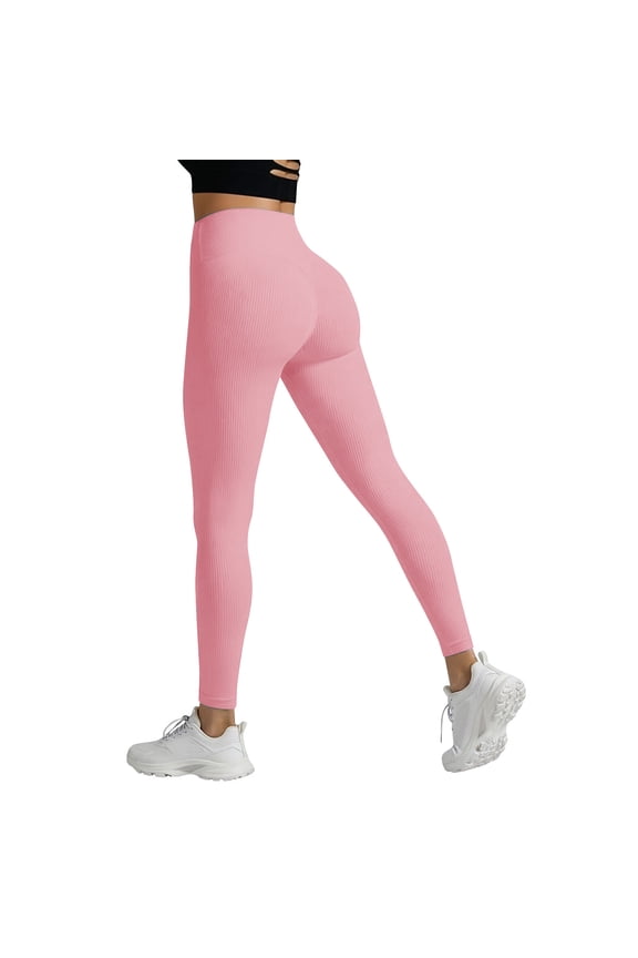 Womens Workout Leggings High Waist Tummy Control Ribbed Fashion Yoga Leggings