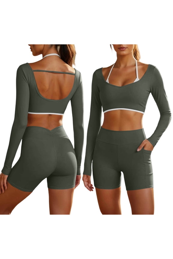 Workout 2 Piece Sets for Women Panel Long Sleeve Halter Crop Top and Butt-lifting Shorts Outfits Slim Quick Dry Sport Sets