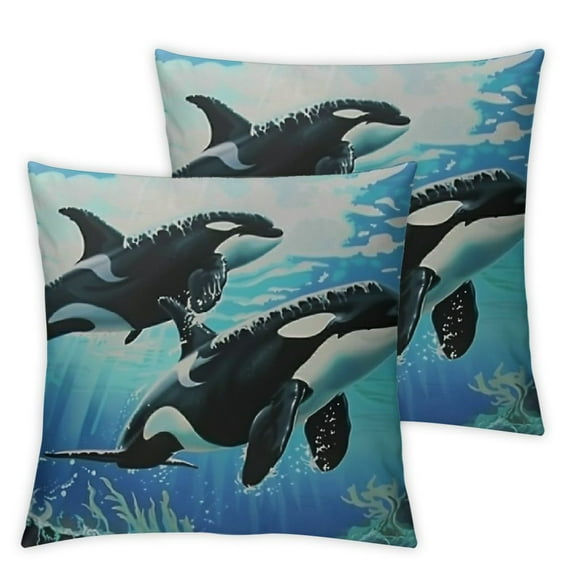 Shiartex 3D Underwater World Pillow Cover , Killer Whale Throw Pillow Cover for Sofa Bed Couch, Colorful Seaweed Reel Fish Decorative Pillow Cover, Blue Ocean Wave Cushion Cover White