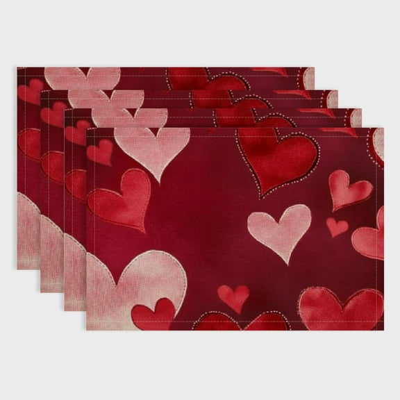 Shiartex 4pcs Hearts Table Cloth Red Background Linen Placemat Set for Birthday Parties, Christmas, Restaurants, Buffets, Home Decoration 18x12in