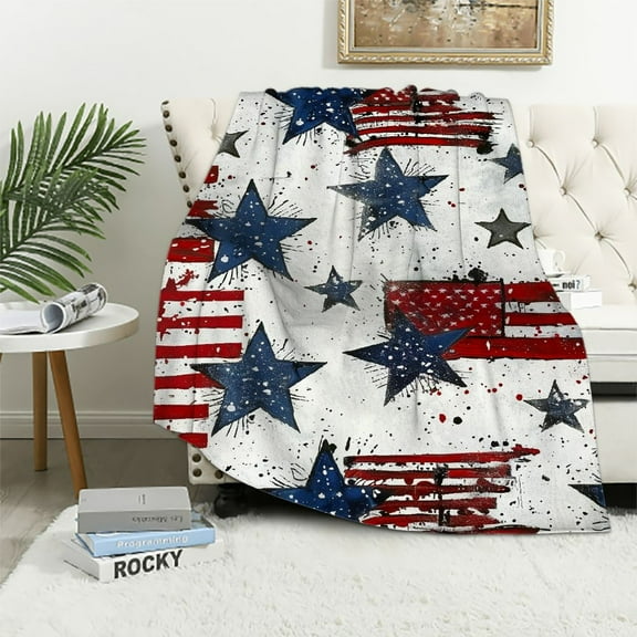 Shiartex 4th of July Super Soft Flannel Blanket, American Flag Stars Patriotic Lightweight Blankets, Independence Day Cozy Plush Throw Blankets for Bed, Sofa, Couch, Camping White
