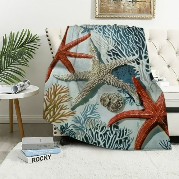 Shiartex  Abstract Nautical Coastal Throw Blanket,Watercolor Beach Ocean Theme Starfish Seashell Coral Lightweight Soft Blanket for Sofas,Couches,Beds,Camping,Travel White