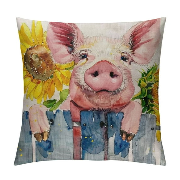 Shiartex Adorable Pink Pig Sunflowers Decorative Throw Pillow Covers Outdoor Garden Wood Fence Flowers Pillowcase Home Decor Cushion Case for Sofa Bed Chair，Multi-Size