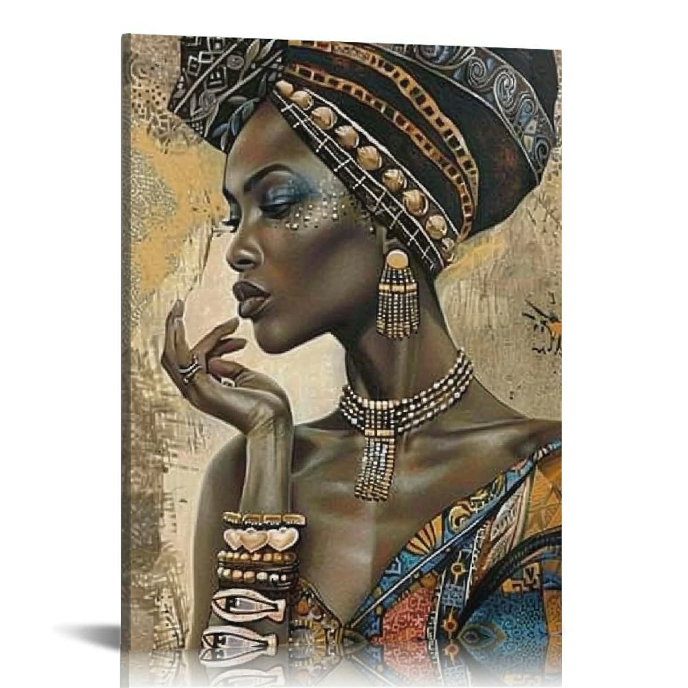 Shiartex African American Wall Art, Canvas Painting Black And Golden Woman Portrait Abstract Poster Artwork Modern Home Decorations Framed Ready To Hang For Living Room Bedroom 16x20 in/12x16 in