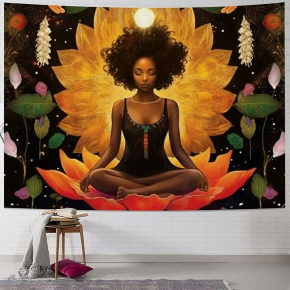 Shiartex  African Chakra Tapestry African American Woman Zen Meditation Tapestry Starry Sky Flower Garden Tapestry Inspirational Afro Yoga Wall Art Tapestry for Bedroom Dorm Decor 60x50inch