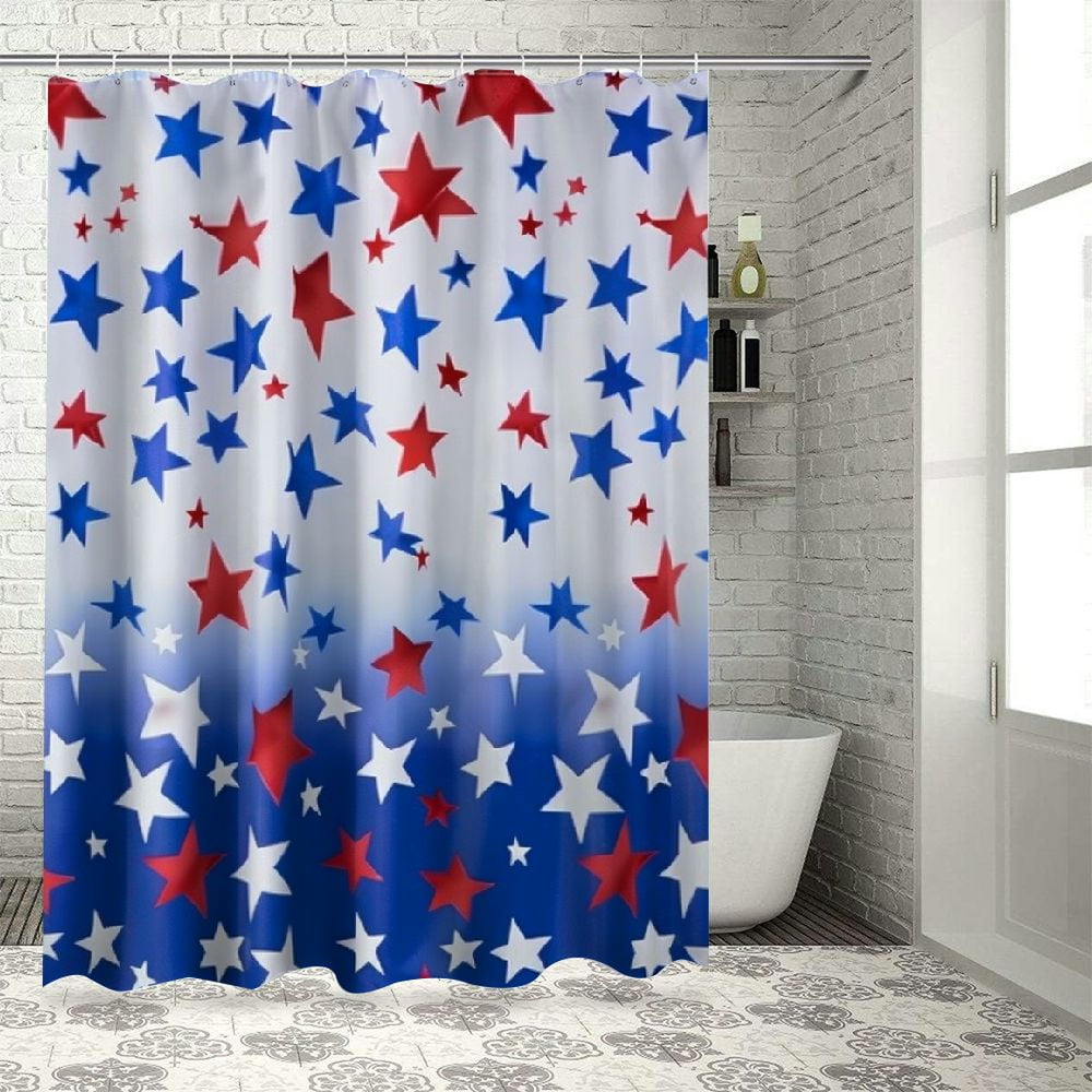 Shiartex American Flag Patriotic Shower Curtain for Bathroom 4th of July Independence Day Memorial Day Shower Curtain Set Blue Red Stars Bathroom Decor with Hooks Waterproof Fabric White