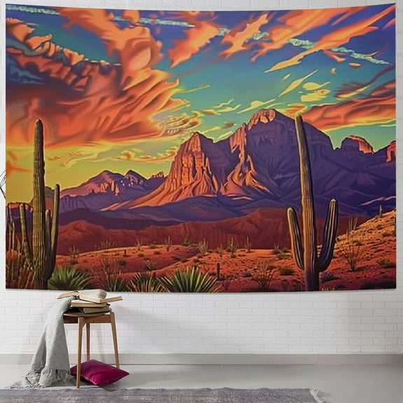 Shiartex American Weatern Saguaro Sunset Tapestry Wall Hanging, West Mountain Desert Cactus Burning Clouds Texas Nature Scene Tapestries, Psychedelic Tropical Plants Tapestry for Bedroom Drom Painting