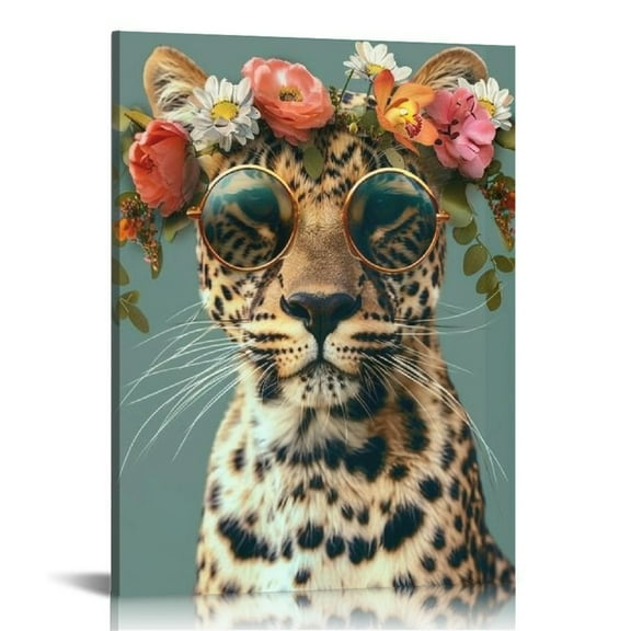 Shiartex Animal Leopard Wall Art Picture Print, Cool Leopard with Floral Crown Cute Painting Wall Decor Wildlife Cheetah Artwork Framed Modern Canvas Art Posters for Nursery Bedroom Home Office