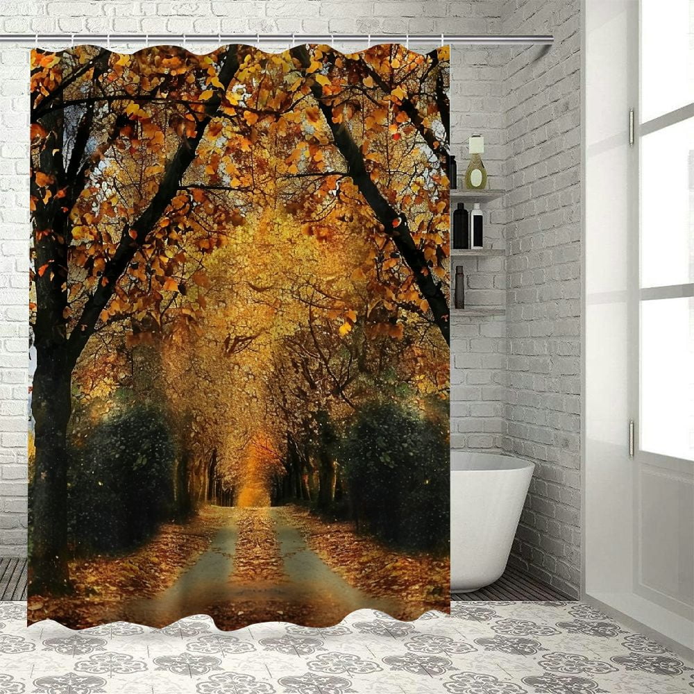 Shiartex Autumn Shower Curtain, Pathway in The Woods Covered Dried