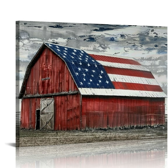 Shiartex Barn Picture Framed Wall Art: Rustic Black White Farmhouse American Flag Print Wood Decor Horizontal Patriotic Country Farm Artwork Panoramic Living Room 16x12in