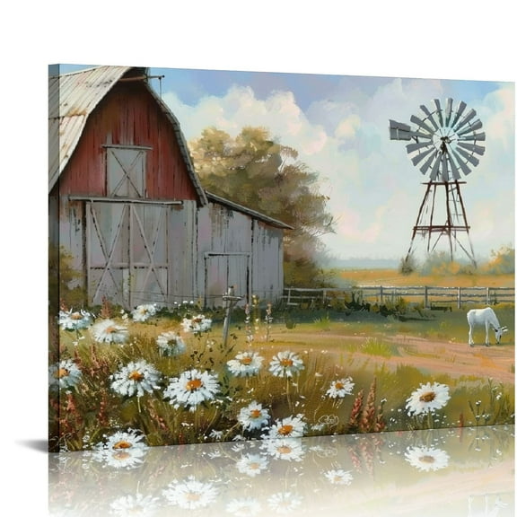 Shiartex Barn Prints Farmhouse Old Barn Wall Art Barn Painting Barn and Flowers Wall Decor Rustic Bedroom Wall Decor Farmhouse Barn Windmills Art for Living Room Framed 20x16in