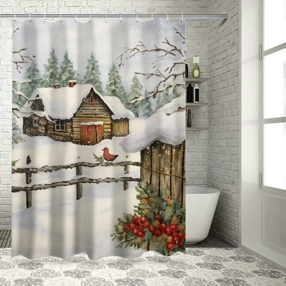 Shiartex Barn Snowy Scene Pretty Shower Curtain Bathroom Decor 100% Polyester Washable with Hooks 36x72
