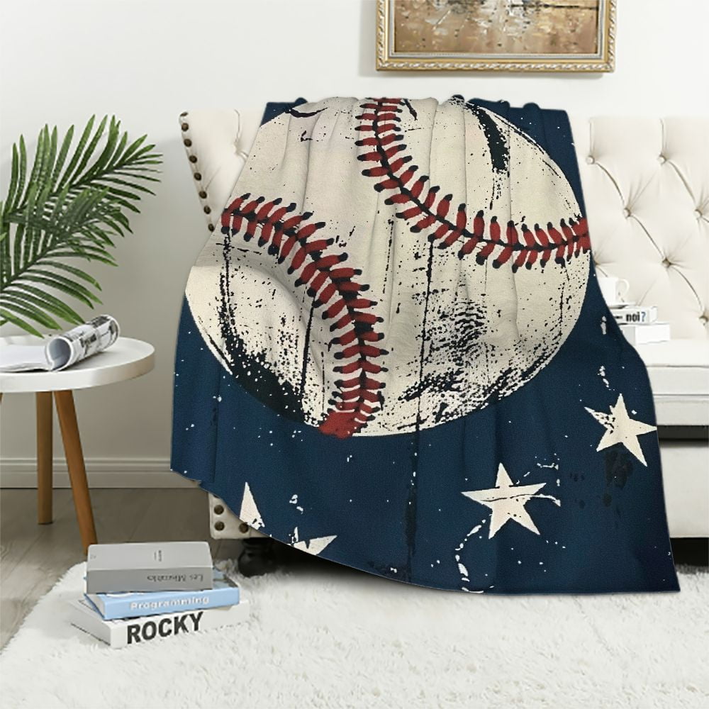 Shiartex  Baseball Throw Blanket Gifts for Boys, Blue Baseball Soft Cozy Plush Flannel Blanket for Kids Bedroom, Baseball Sport Fuzzy Blanket with Stars for Toddler Couch Bed Sofa Decor  White