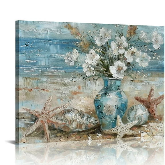 Shiartex Bathroom Decor Wall Art Blue Beach Picture Ocean Theme Flower Canvas Print Modern Coastal Seascape Painting  Seaside Artwork Ifor Home Sea Lake Bedroom 20x16 in/16x12 in