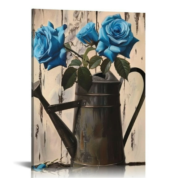Shiartex  Bathroom Flower Wall Art,Farmhouse Canvas Walll Decor,Country Wood Blue Roses Floral Pot Rustic Painting Picture for Bedroom,Office,Home,Hotel Decor 12x16 in