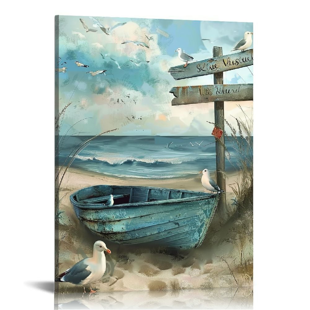 Shiartex Bathroom Wall Art Coastal Décor Nautical Boat on Beach Canvas ...