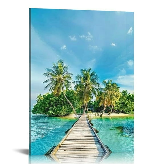 Shiartex Beach Canvas Wall Art for Corridor, PIY Vertical Wharf Bridge to Tropical Island Picture with Blue Sky, Modern Relax Prints Artwork Aisle Decor (Waterproof, Ready to Hang,16x20 in/12x16 in)