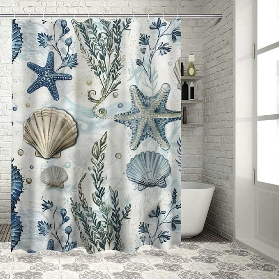 Shiartex Beach Fabric Shower Curtain, Sea Shells Stars Seahorse and Coral Shower Curtain for Bathroom, Coastal Nautical Shower Curtain with Hooks White